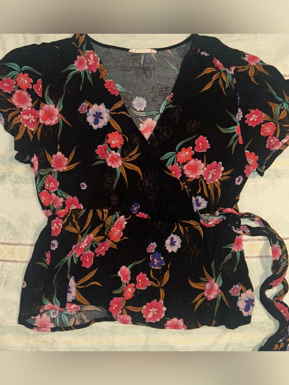 Elodie Black Floral Wrap Blouse with Pink & Purple Blooms XL